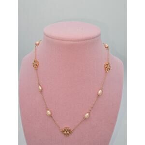 Tory Burch Rose Gold Necklace w/Rose Gold Pearls & Pave DoubleT Logos - NWOT